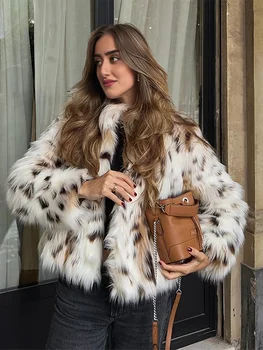 Autumn Winter Leopard Faux Fur Jacket Coat Women Short Plush Stand Collar Panelled Jacket Female Warm Stylish Outerwears Lady