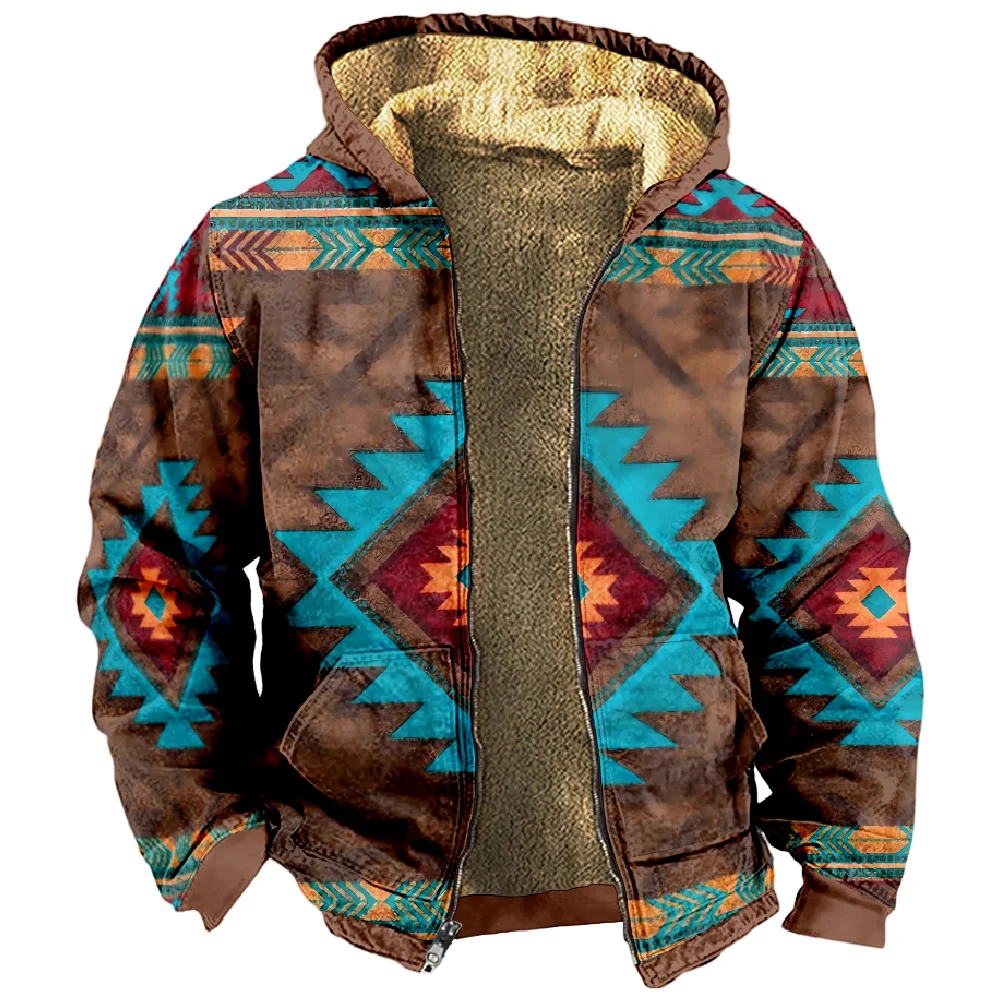 Men's Zipper Hoodies Winter Fleece Parka Coat Vintage Traditional Tribal Graphics Jacket Sweatshirts Daily Zip-up Oversized