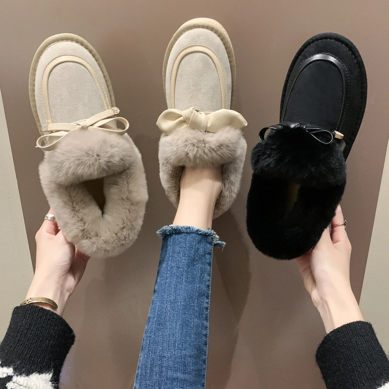

Женские зимние ботинки с бантом из хлопка на толстой подошве, модные Нескользящие зимние ботинки из овечьей шерсти, очень толстая теплая плюшевая обувь