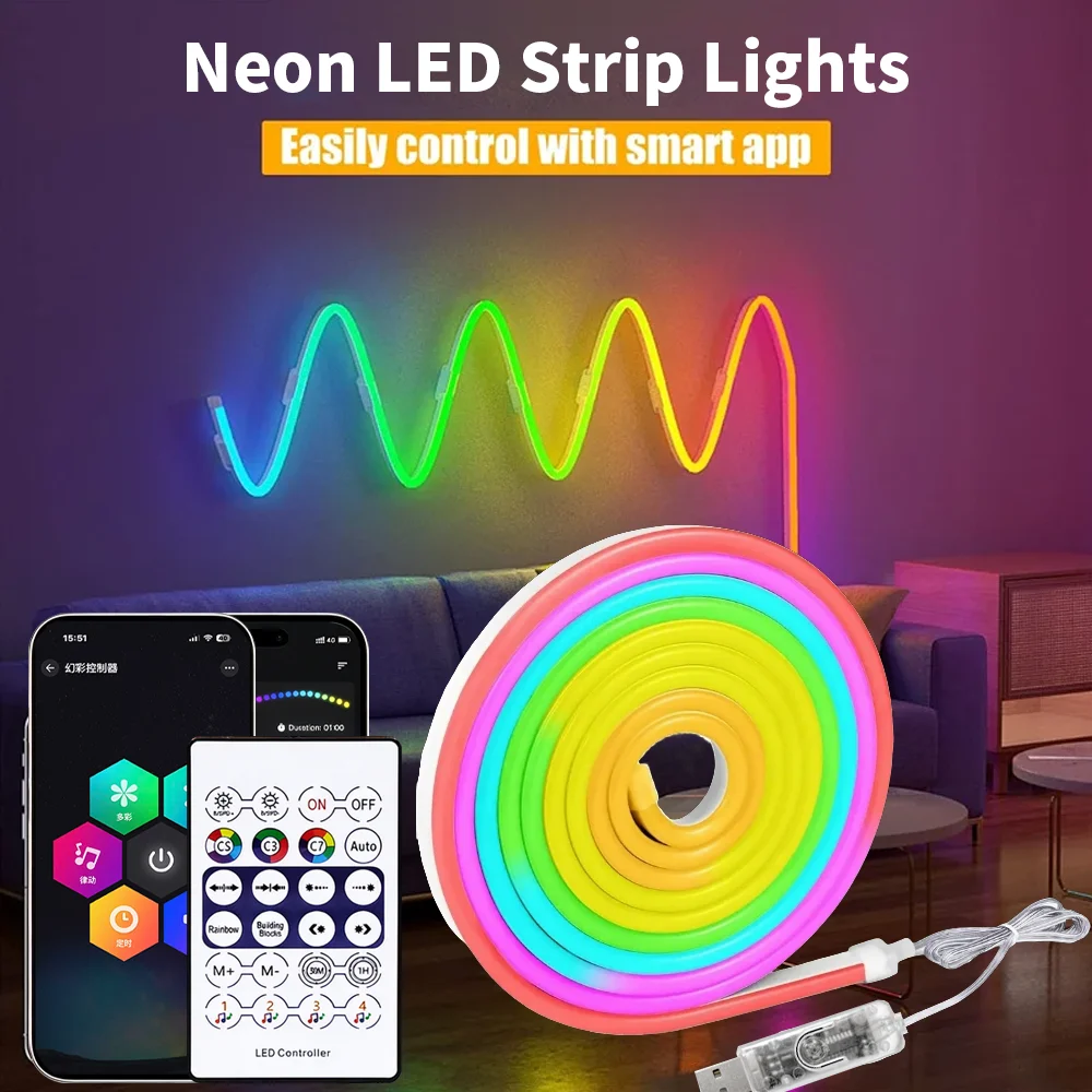แถบไฟ LED นีออน RGBIC USB พร้อมบลูทูธ APP ควบคุมการซิงค์เพลง กันน้ำ ยืดหยุ่นได้ เหมาะสำหรับตกแต่งห้องเกมปาร์ตี้ 1
