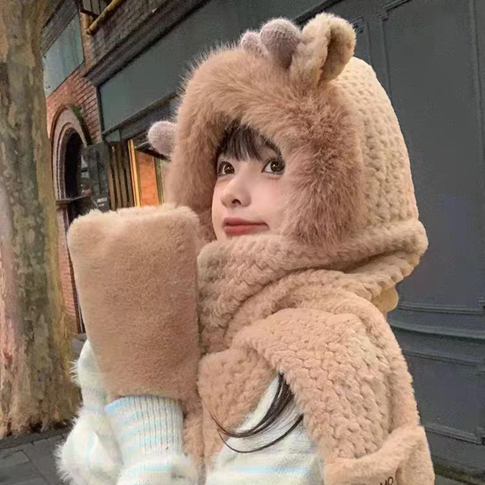 1Pc Cute Bear Ear Hat Scarf Gloves 3-in-1 Winter Warm Hedging Cap Women Windproof Plush Hat Scarf 2