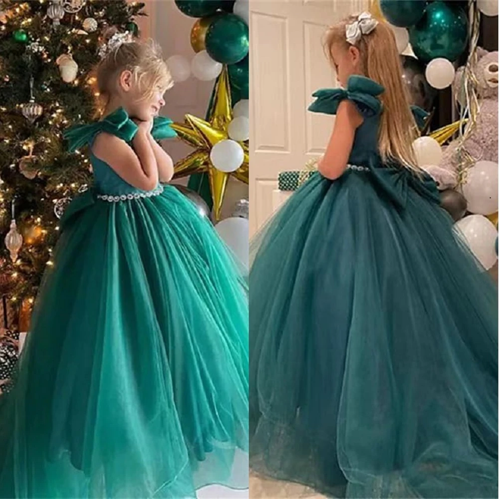 

Green Fluffy Bow Flower Girl Dress Kids Princess Lace Backless Floor Length Wedding Fold Ruffles Tulle Ball Gown Prom Dresses