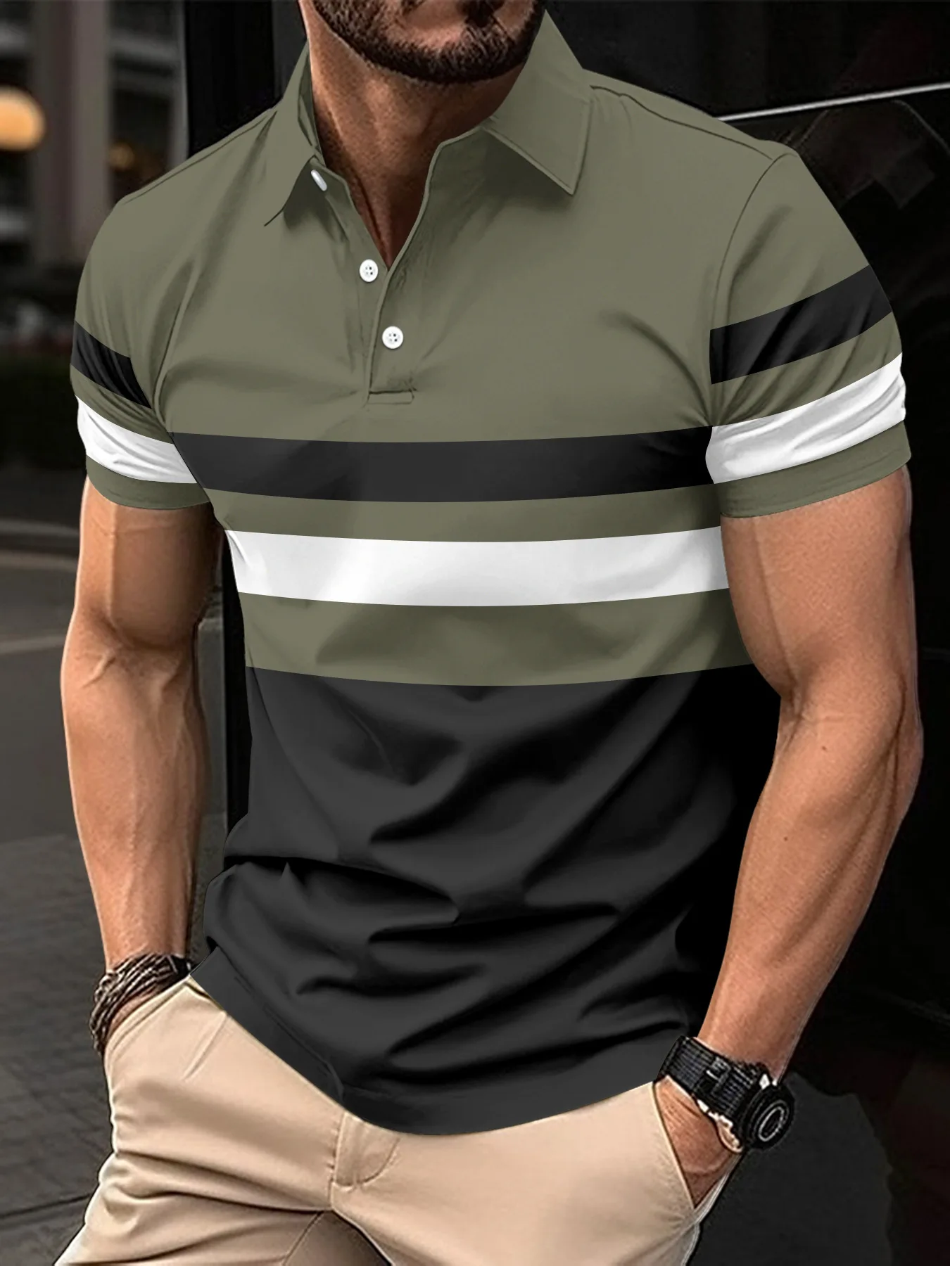 Europe and America cross-border 2025 summer new short-sleeved POLO shirt striped men's sports and fitness polo shirt top 10 S17319ebac26644b1925c4dd88eef5c039