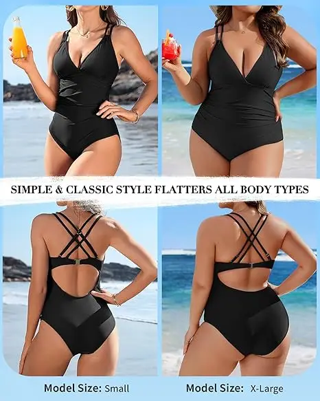 Anfilia Women's Sexy V Neck One Piece Swimsuits Double Strappy Monokini Bathing Suits Crisscross Straps Back Swimwear