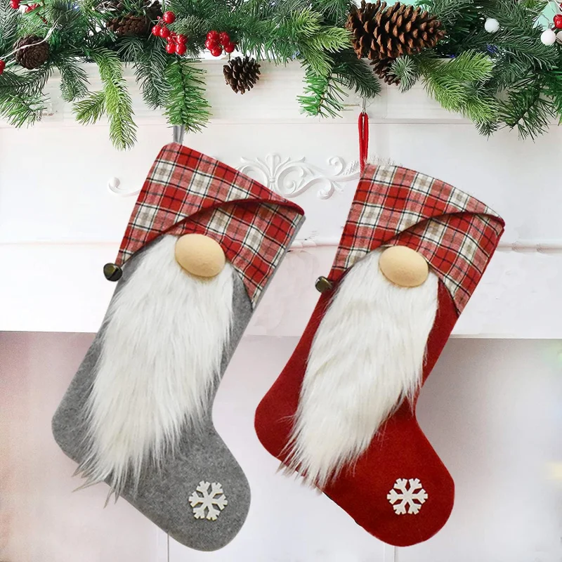 18 Inch Buffalo Plaid Christmas Stocking Gnome Character Socks, Perfect for Home Decor Holiday Party Decoration