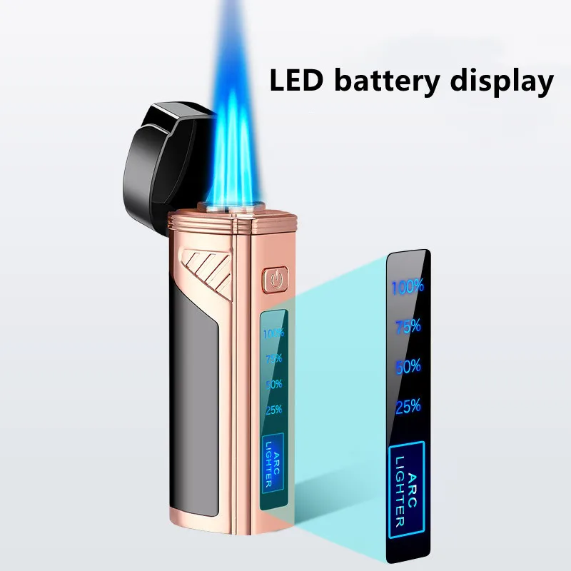 New Touch Sensing Metal Outdoor Windproof Electric USB Lighter Turbo Three Torch Jet Power Display Cigar Lighter Cigar Tool