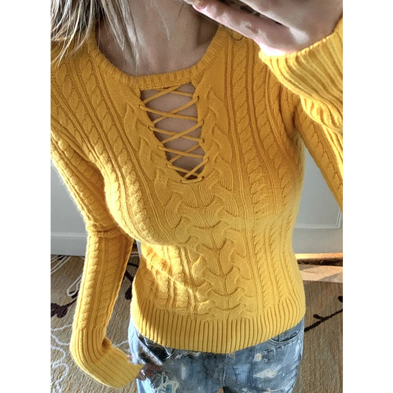 Autumn and Winter New Women's Crew Neck Long-sleeved Sweater Fashion Straps Solid Color Slim-fit Knitwear Casual Top