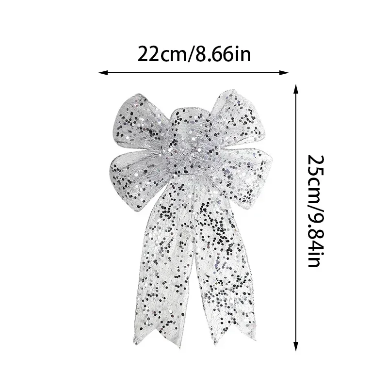 Description Picture 3 of itemChristmas Ribbon Bowknot Gold Silver Color Gauze Christmas Bow Xmas Tree Hanging Pendent New Year Xmas Party Decorations