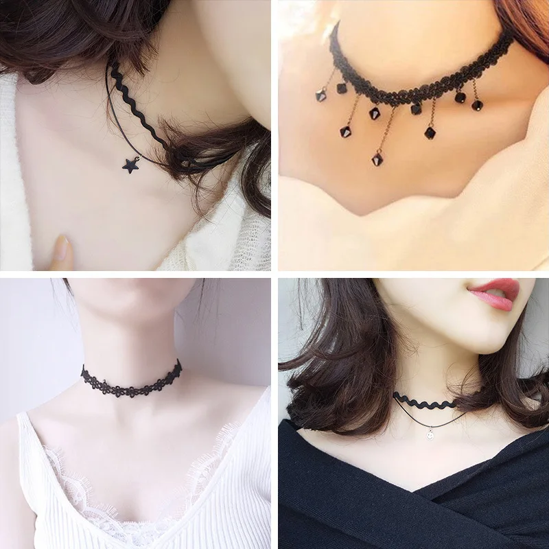 Choker Gotico In Pizzo Con Ciondolo Cuore E Fiocco Nero: Collana Tattoo Per Donna, Regolabile 97 Cm