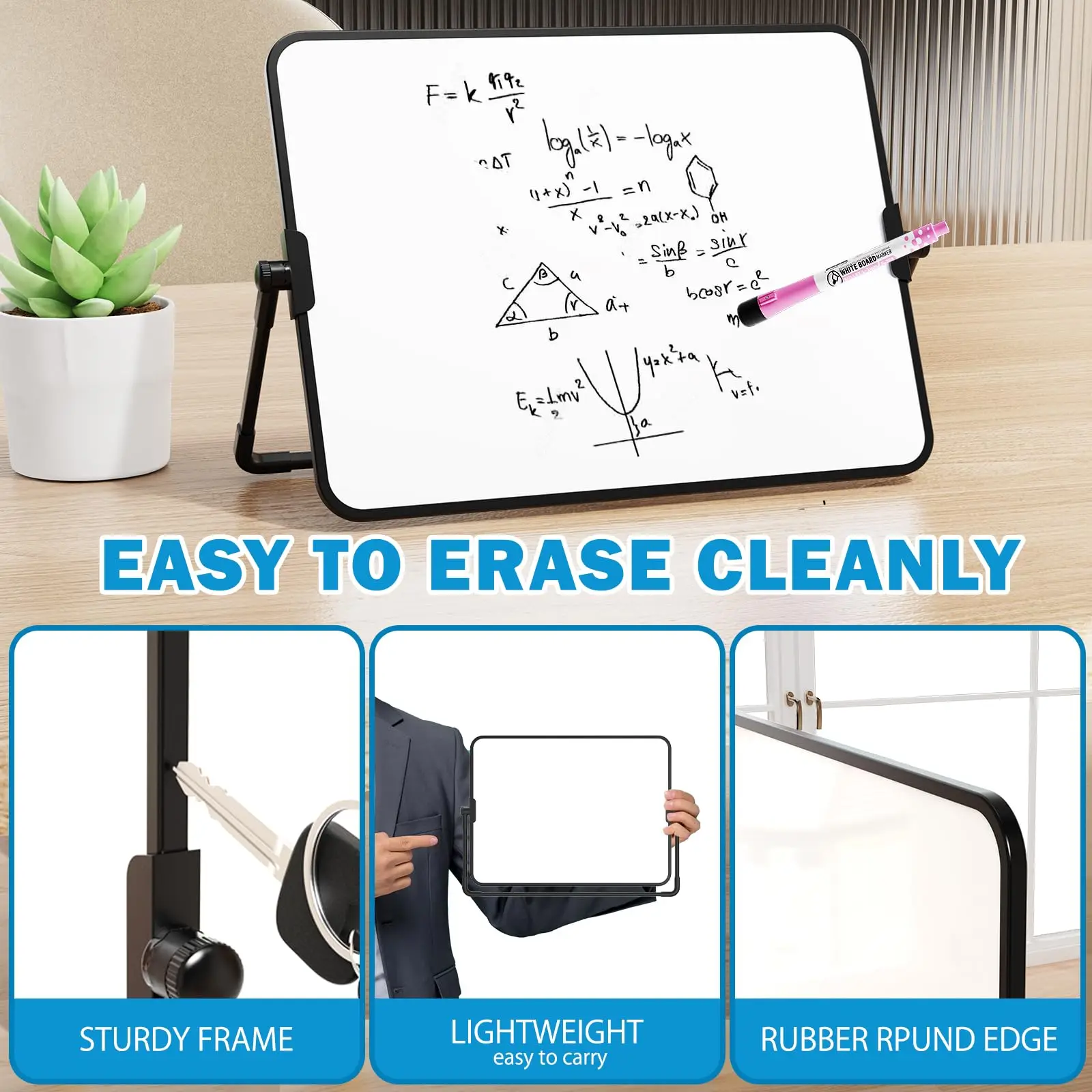 Dry Erase Whiteboard A4 Double-Sided Magnetic Whiteboard Dry Erase Portable Calendar Office Note Message Stand (Black) Easel Writing Tablet Black