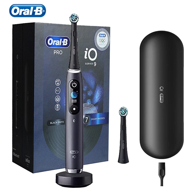 Oral-B iO Series 9 Cepillo de dientes eléctrico recargable, aguamarina con  4 cabezales de cepillo y estuche de viaje, sensor de presión visible para