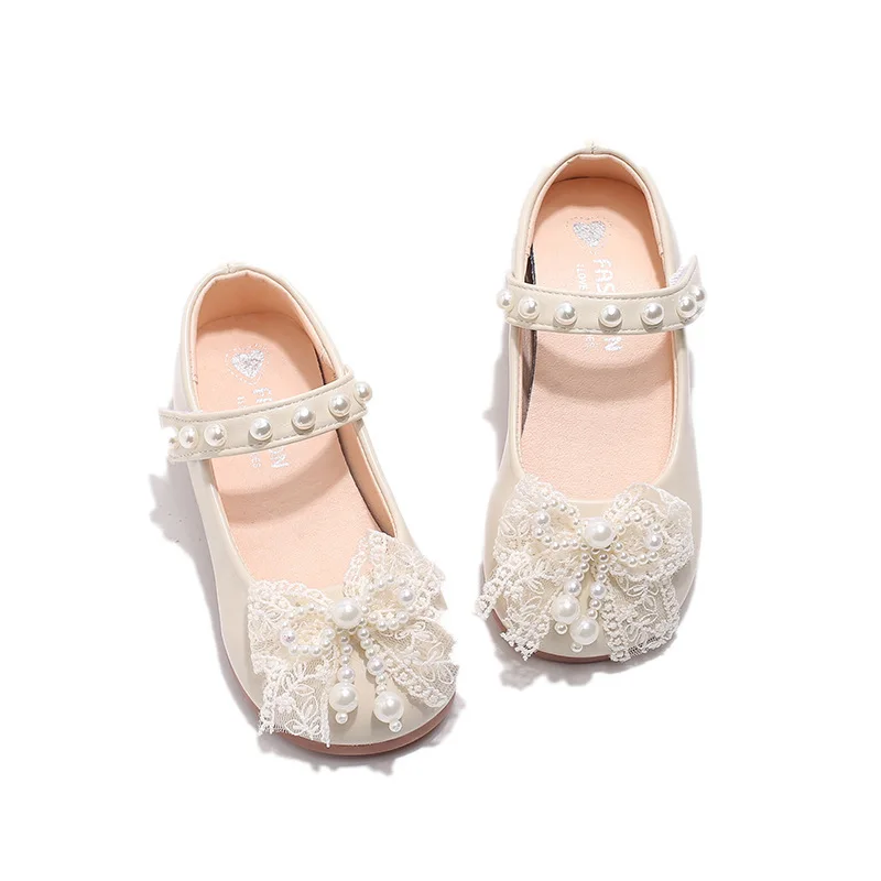 Spring New Children's Leather Shoes Fashion Lace Bow Girls' Princess Shoes Soft Sole Anti Slip Baby Kid's Casual Flat