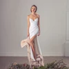 Popular V-neck Satin Sheath A Line Wedding Dresses Side Slit Button Back Boho Beach Bridal Grown  Robe de Mariage 1
