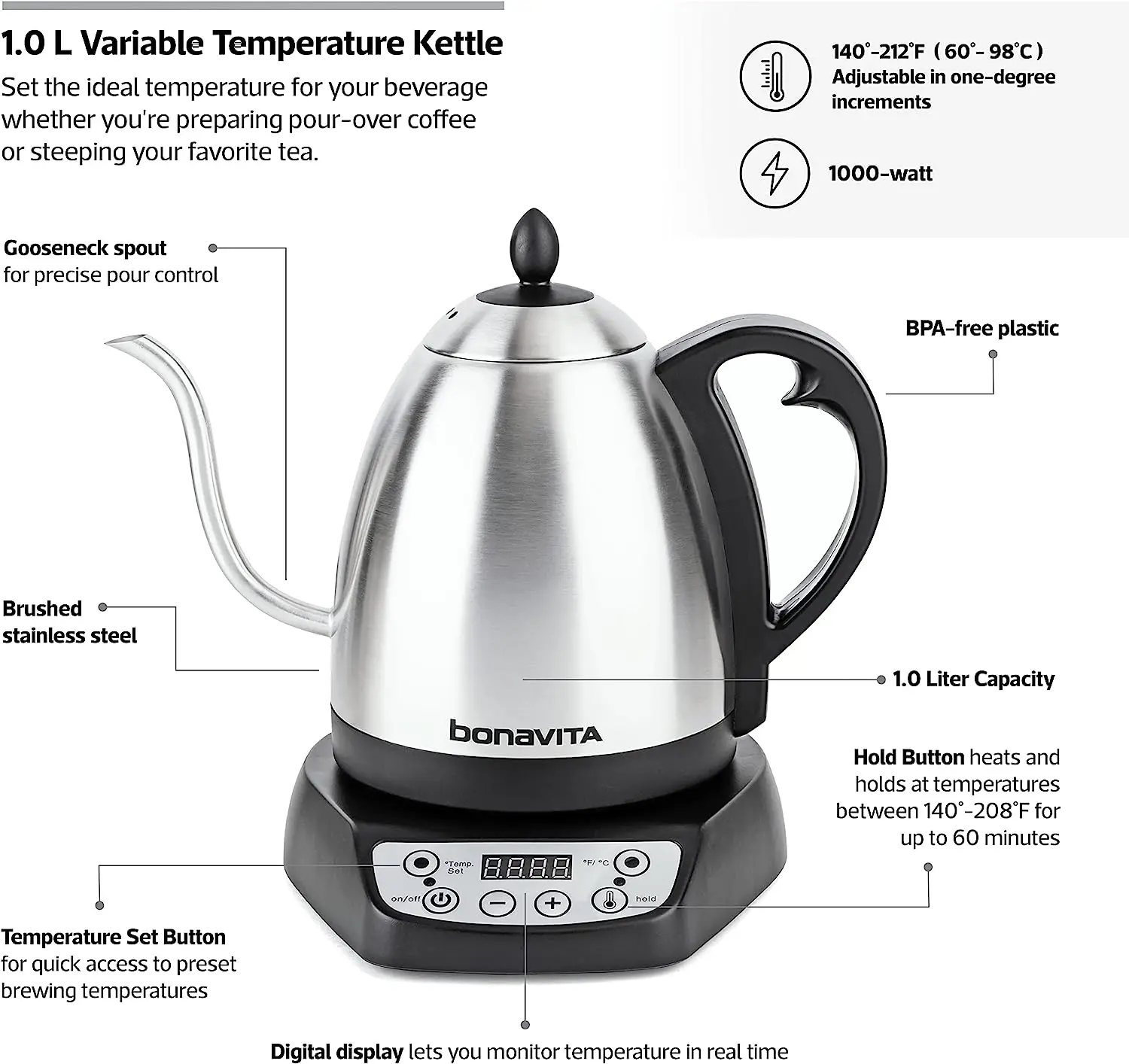 Bonavita Variable Temperature Electric Gooseneck Water Kettle - 1L