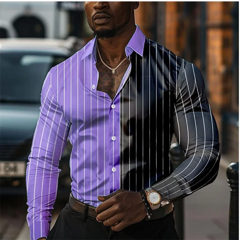 Hot selling vertical striped color blocking shirt for men in summer 2024, 3D printed long sleeved vest, casual slim fit top, lar