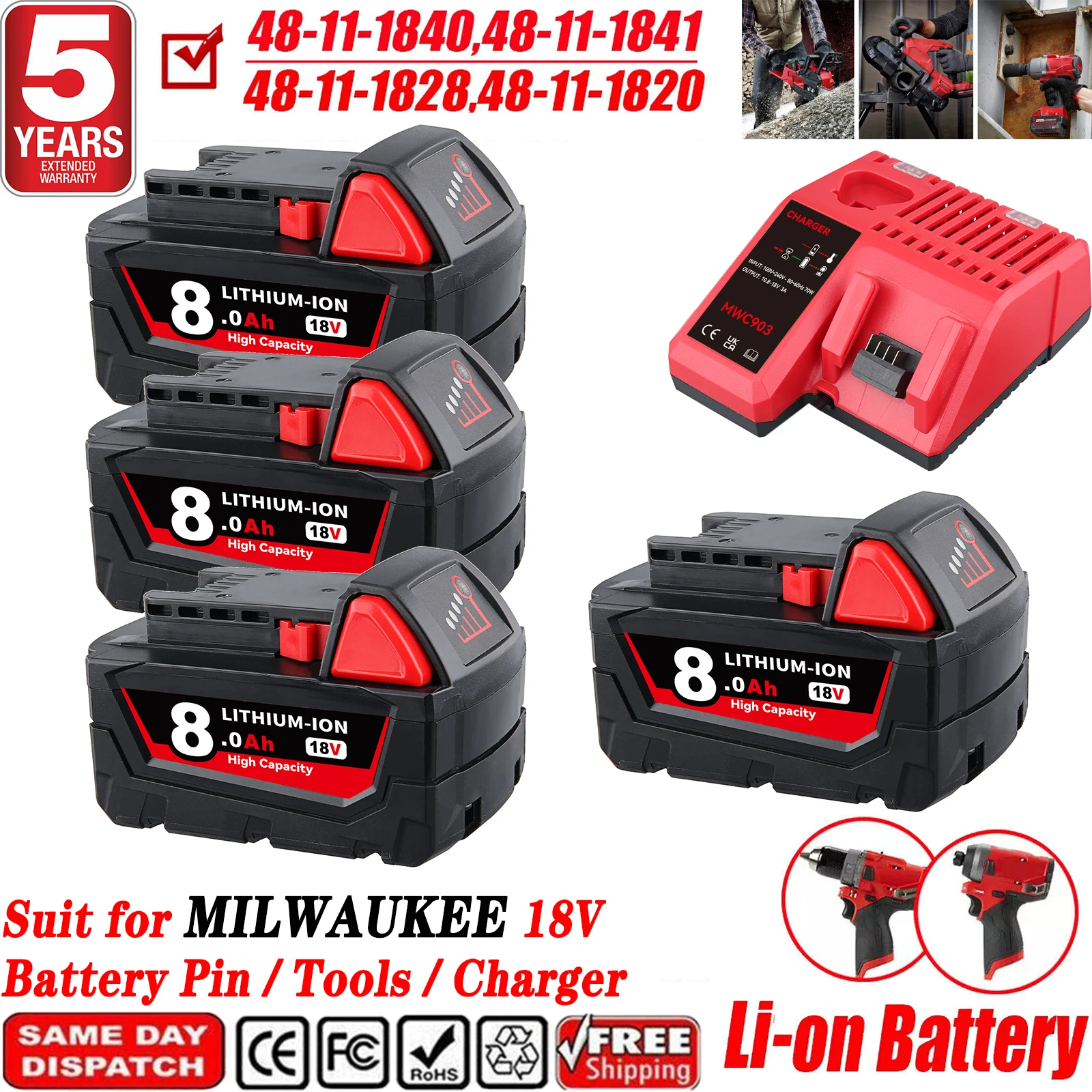 1/2/4 pièces 8.0Ah M18 remplacer pour Milwaukee 18V li-on batterie broche combinaison pour outils avec double chargeur M12-18C