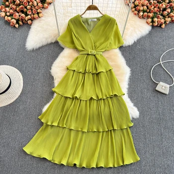Yellow Women's Beach Dress For Girls Summer Elegant Short Sleeve V-Neck Irregular Sundress Boho Vintage Pleated Long Dresses 1