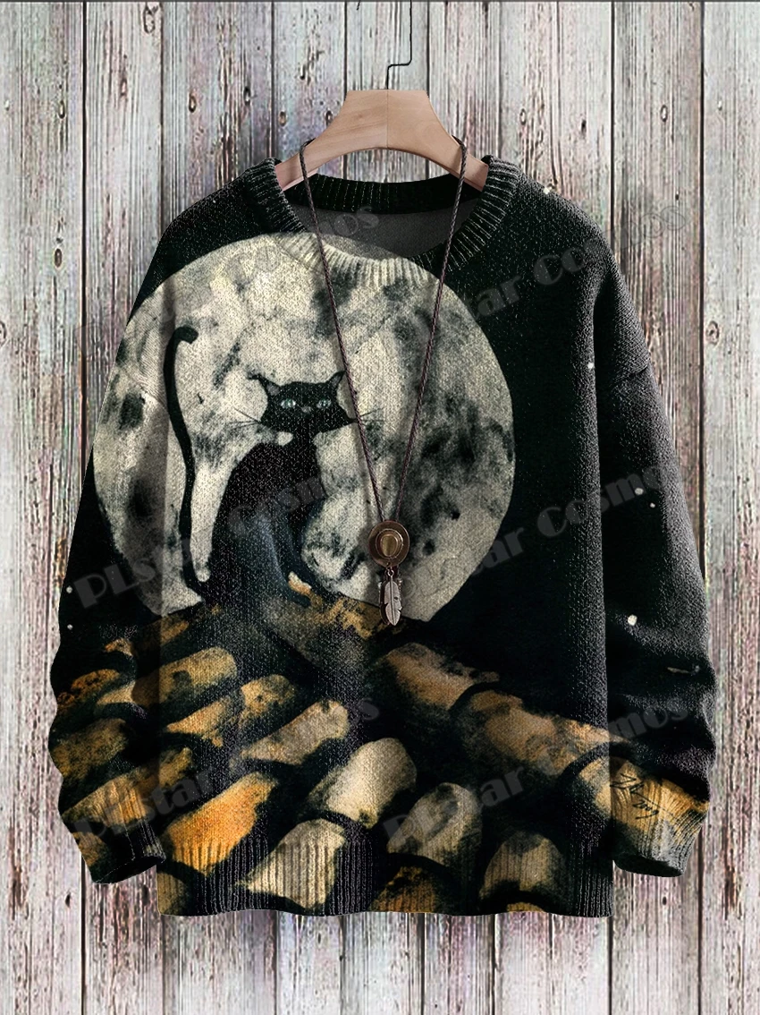 Halloween-Geist mit Katze & Vintage Katzen muster 3d gedruckt Herren gestrickt Pullover Winter Unisex lässig gestrickt Pullover Pullover zzm62 – Detail 11