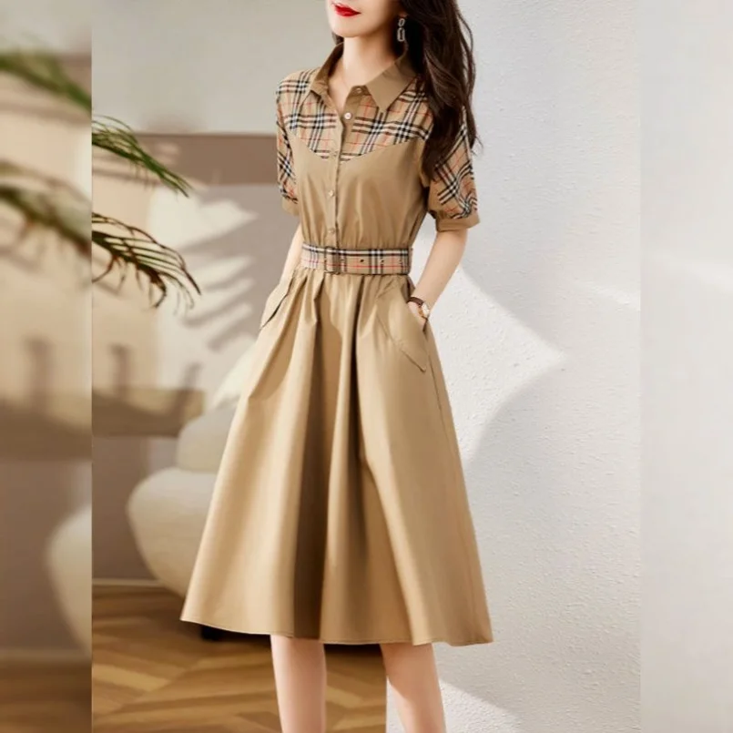 2023 Spring/Summer Korean Edition New Fashion Checker Panel Dress POLO Collar Waist Waist Slim Mid Length Dress