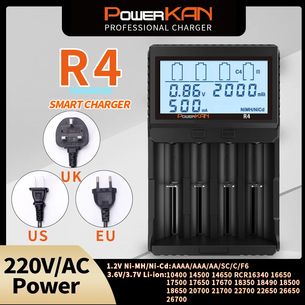 

POWERKAN R4Battery Charger LCD Display Suitable for 1.2V Ni-MH/Cd and 3.7V Various Cylindrical Lithium Batteries AC Power Supply