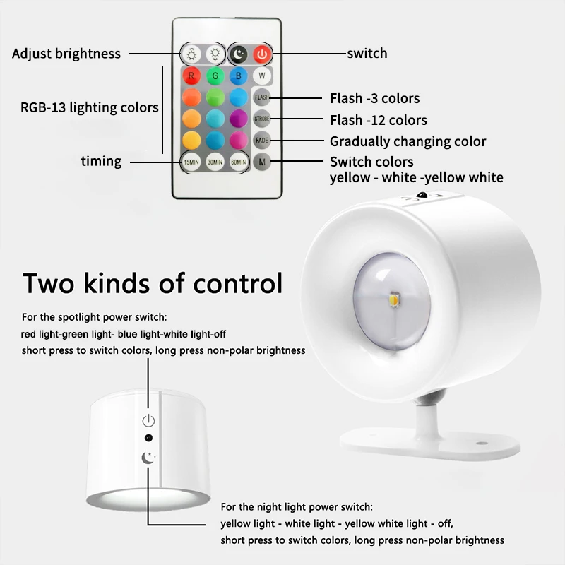 Led Wall Lamp 12 colors Timeable Touch Remote USB Recharge Rotatable Wireless Portable Night Light Bedside Bedroom Reading