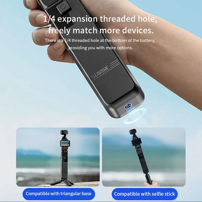 Chargeur portable poignée pour DJI Pocket 3, détaché de la caméra, face avant avec indicateurs LED.