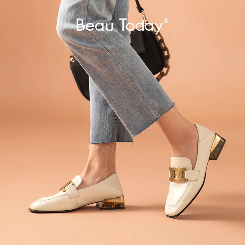 

Sheepskin Loafers Women Leather Flats Square Toe Slip-on Metal Decoration Office Lady Casual Shoes Handmade 27622