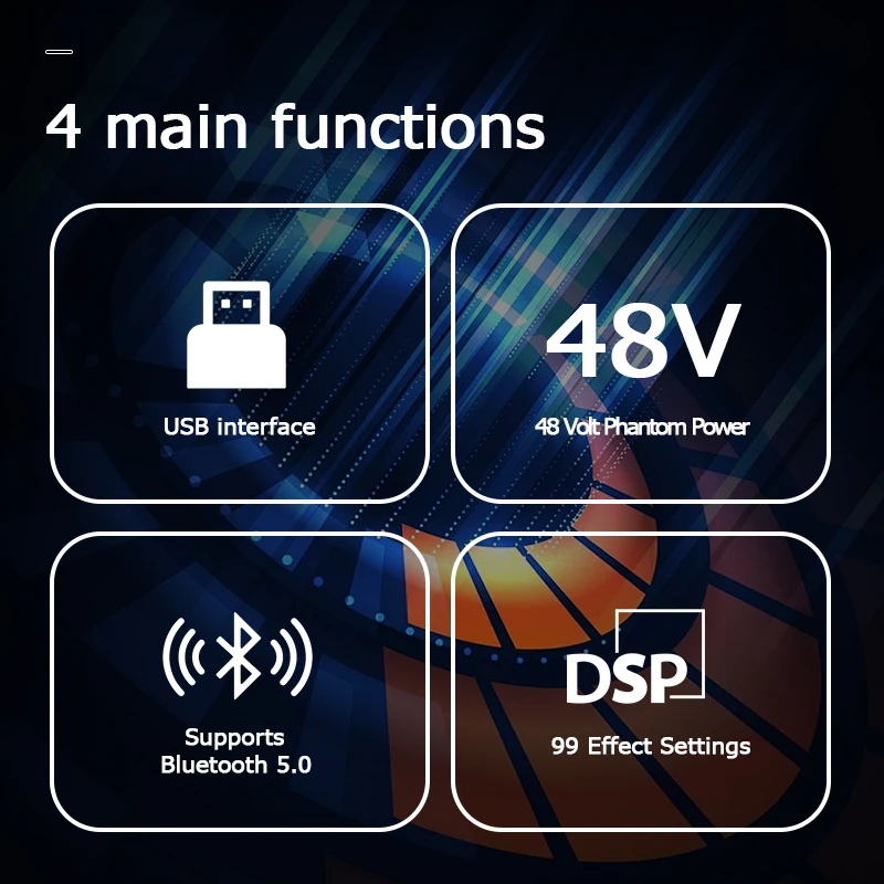 KP4 오디오 믹서 4채널 99개 DSP 이펙트 레코드 PC 48V 팬텀 파워 USB 사운드 믹서 블루투스 DJ 콘솔 믹싱 (노래방용)