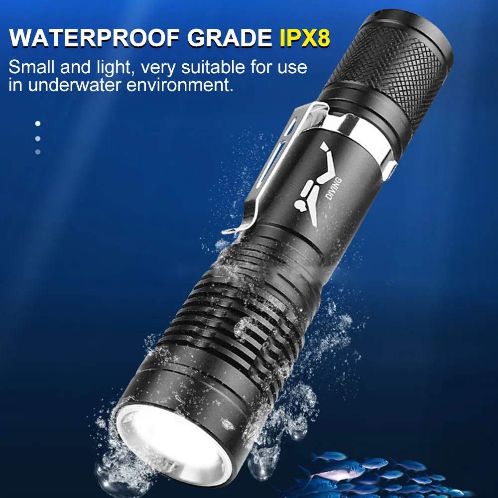 Description Picture 4 of itemMini Portable P20 Diving Flashlight Waterproof Underwater 5W LED Diving Lamp Ultra Bright 3 Light Modes Tactical Torch