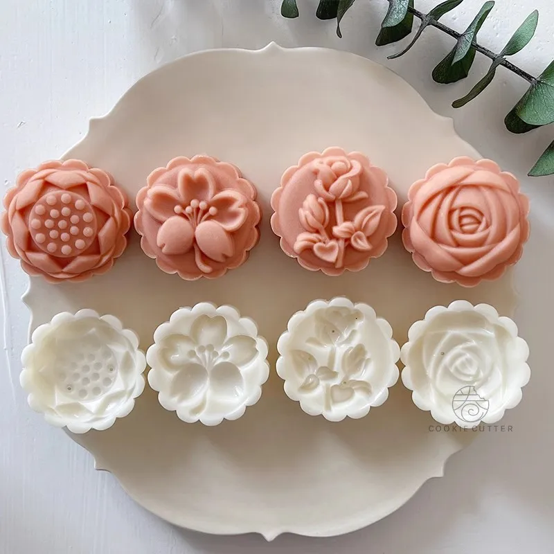 

4Pcs/Set 50g Flower Mooncake Mold Tulip Cherry Blossom Rose Lotus Pattern Cookie Stamp Fondant Decoration Mung Bean Cake Tools