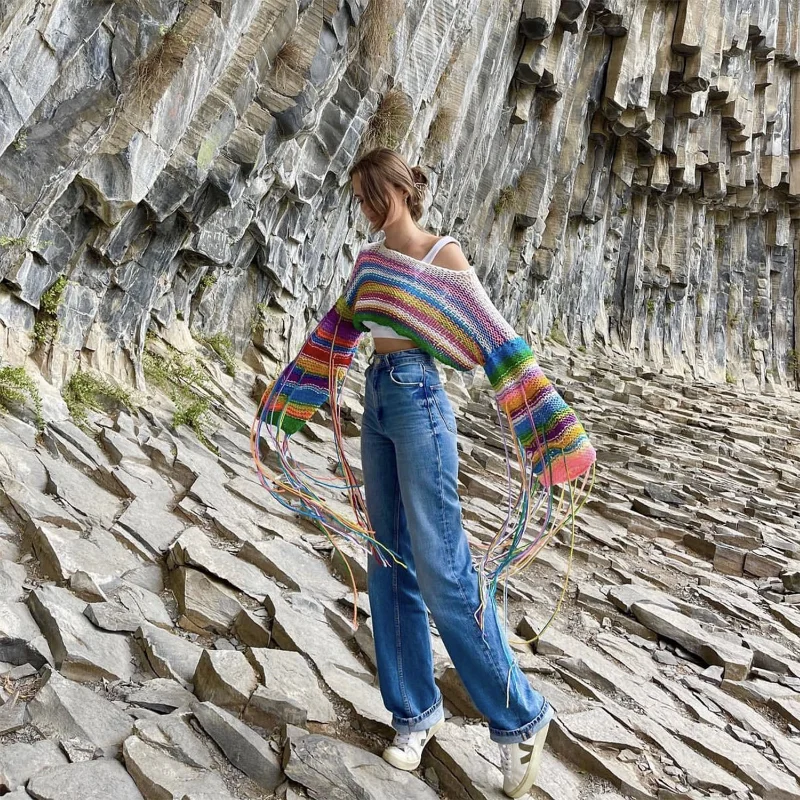 Tassel Contrast Holiday Sweater Pullovers For Women Loose Flared Sleeve Beach Boho Knit Female Cover up Pullover Crop top