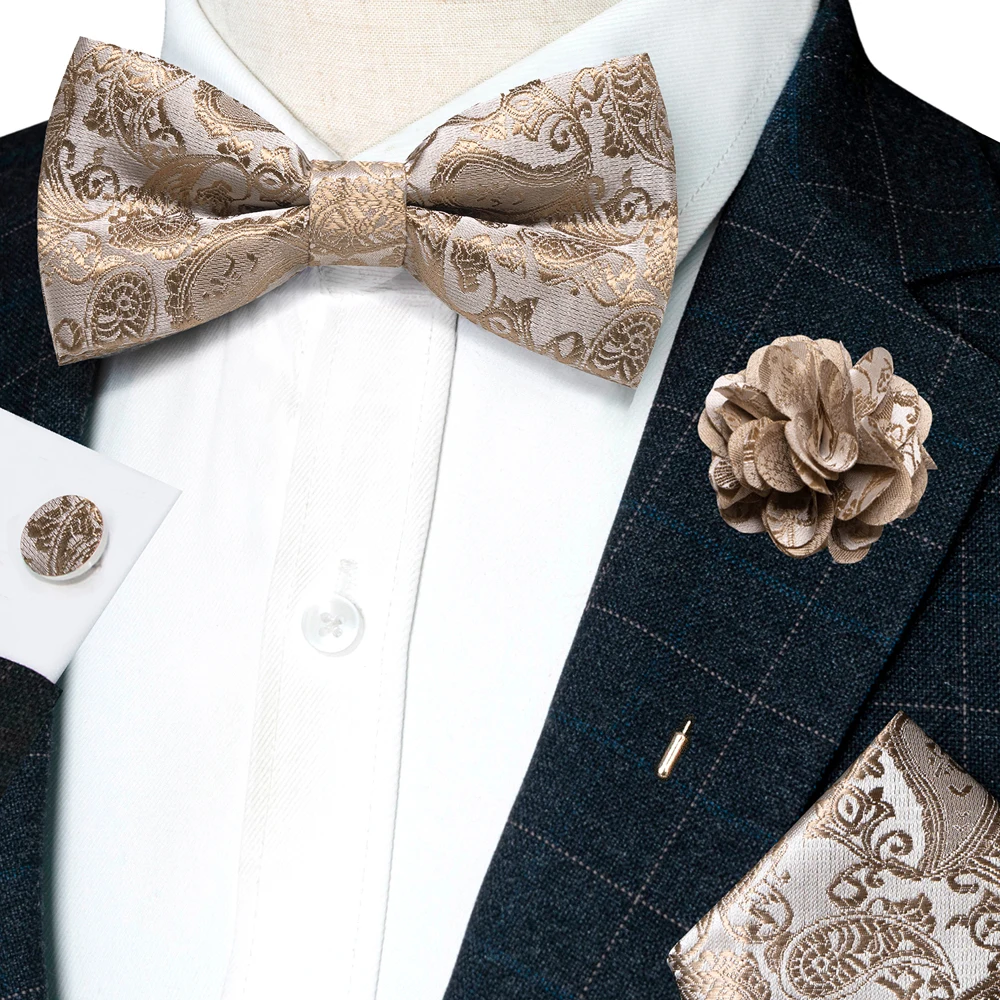 Champagne Silk Jacquard Paisley Bow Tie Set - Pre-tied Bowtie Brooch Hanky  Cufflinks for Weddings  Business