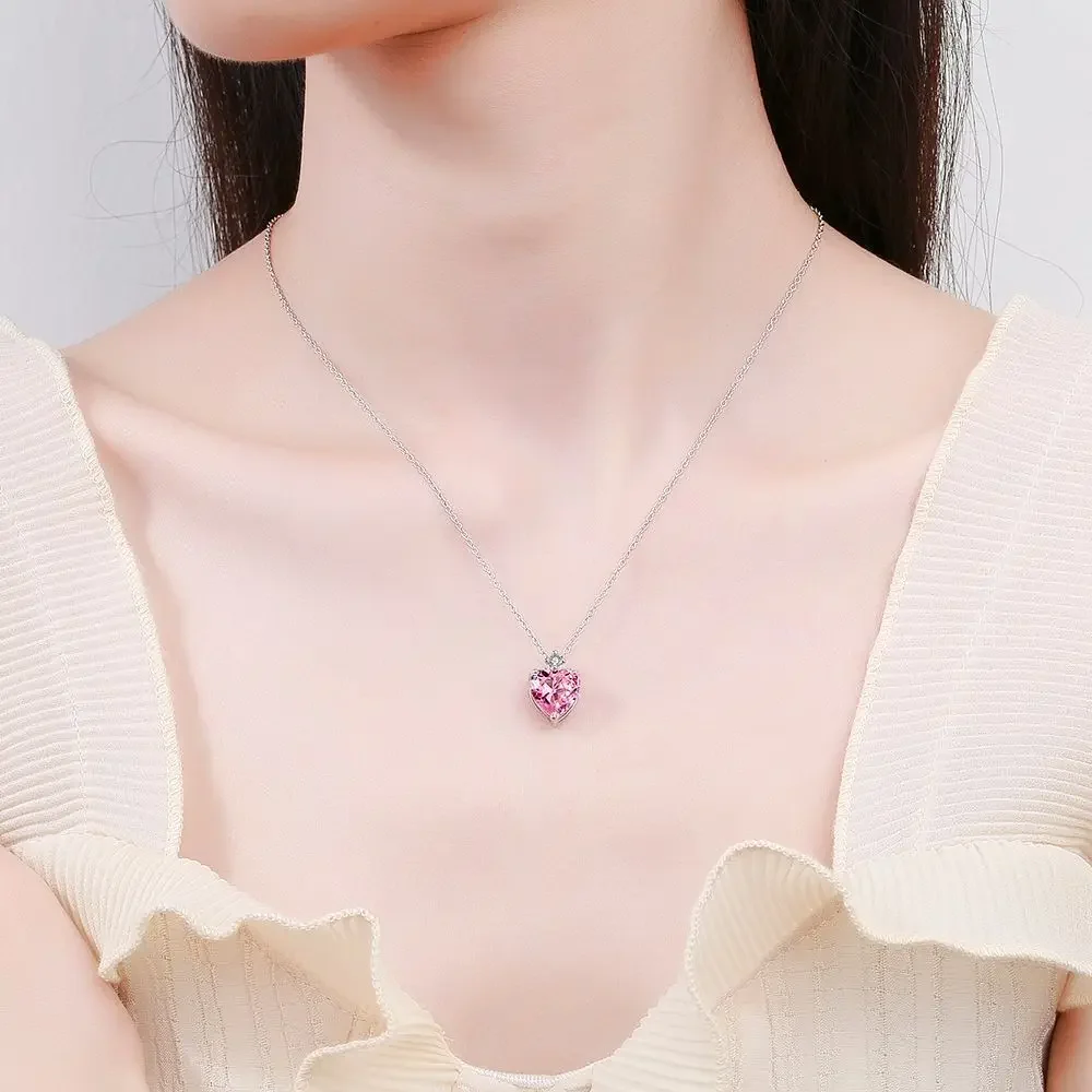 S925 Sterling Silver Diamond Heart-Shaped Pink Pendant Clavicle Chain Necklace (40cm + 5.0cm)