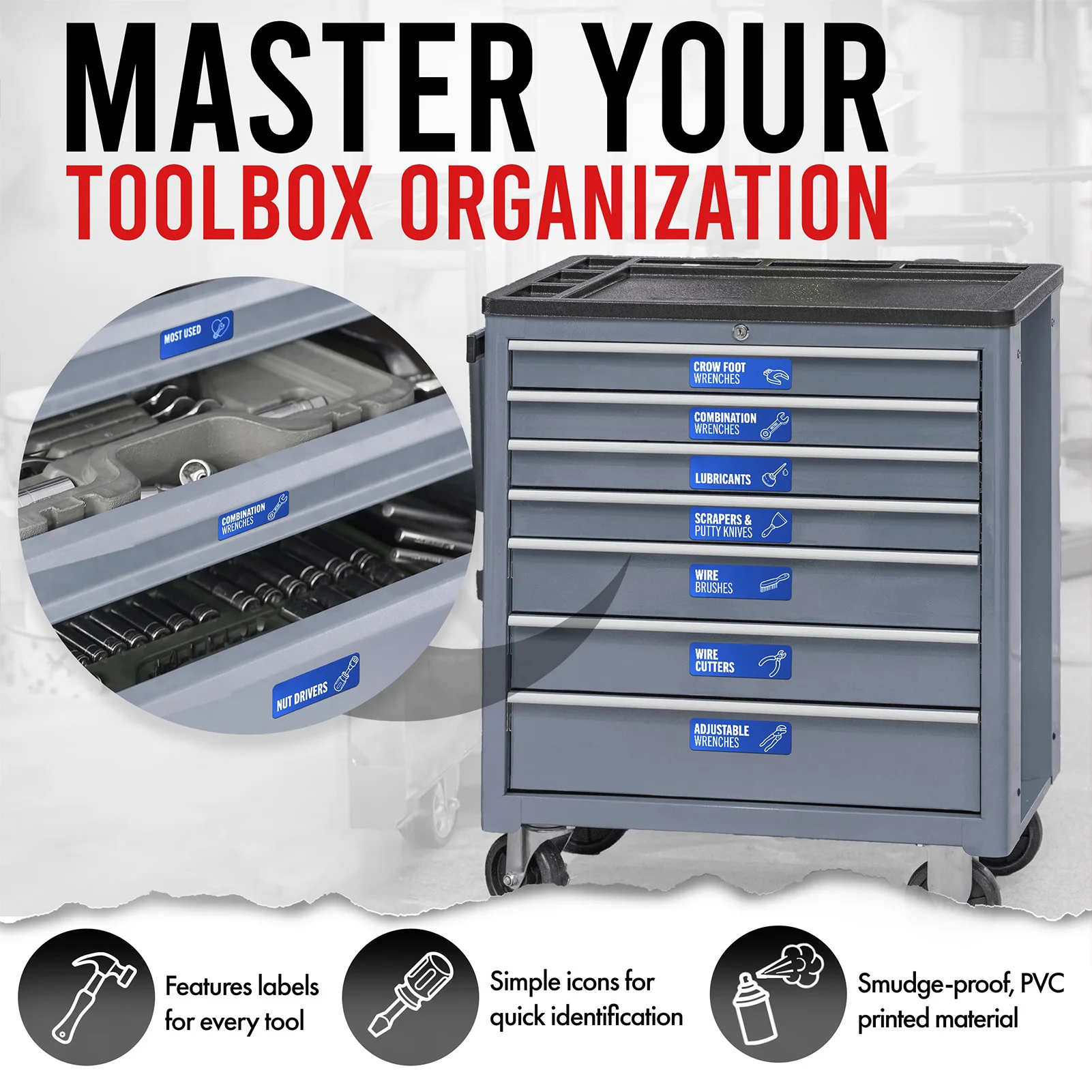 80개 자석식 공구 라벨 세트, 공구 정리용 강력 자석, 공구함 작업대 금속 표면에 사용 가능