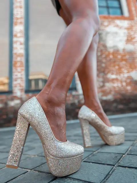 Platform Glitter Chunky Heeled Court Pumps Women High Heels Sequined Slip  On Block High Heels Spring Dress Wedding Shoes Woman - Pumps - AliExpress