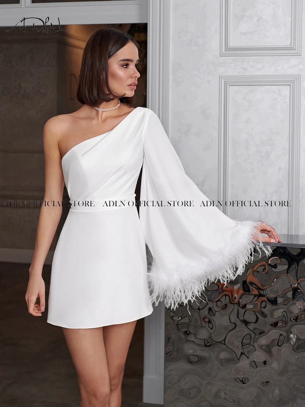 ADLN One-shoulder Short Wedding Dresses Feathers Customized Bridal Dress for Women Mini Little White Gown Robe De Mariee 2