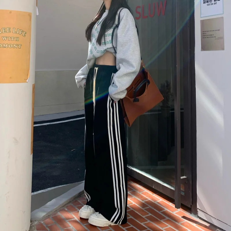 High Street Striped Drawstring Straight Pants Spring Summer High Waist Loose Patchwork Sports Pants Casual Trend Women Clothing