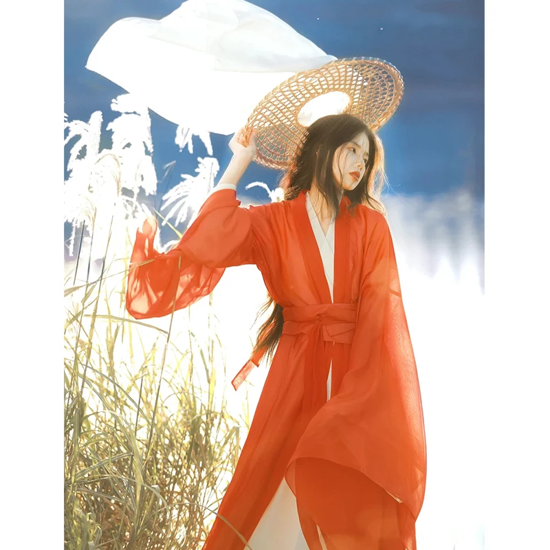 Women's Han Chinese Clothing Red Style Costume Wide Sleeve Jacket and Dress Antique Photo Dance Suit