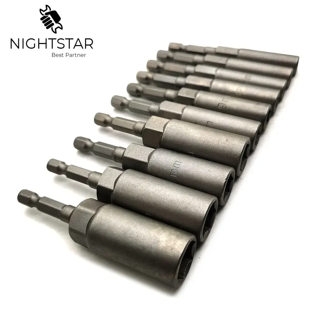 10Pcs 80mm Length Electric Power No Magnetic Screwdriver Nut Driver Set Impact 1/4" Hex Shank Metric Wrench Socket Bit 5.5-14mm 5