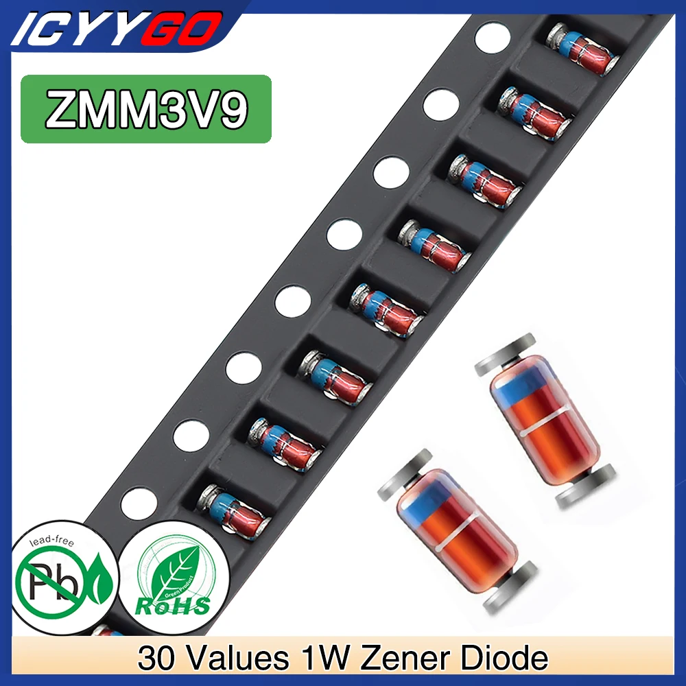 Diodo Zener Smd 3,9 V Ll-34 Sod-80 Minimelf / 1206 0,5 W Zmm3V9 Da 100 Pezzi 0,5 Watt 3,9 Volt Zmm 3V9