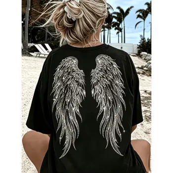 Angel Wings Print T-Shirt Dreamy Boho Wings Design Women's Casual Crew Neck Short Sleeve Tee for Summer Daily Wear