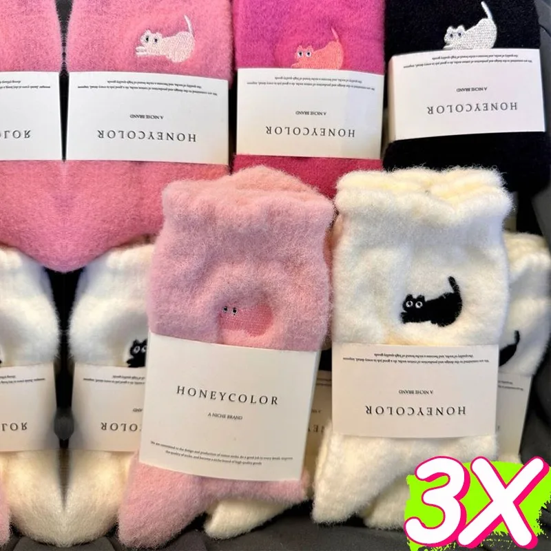 

Thickening Winter Aussie Fleece Warm Socks Cute Embroidered Cat Plush Mid Tube Stocking Girl Home Floor Sox for Women Cold-proof