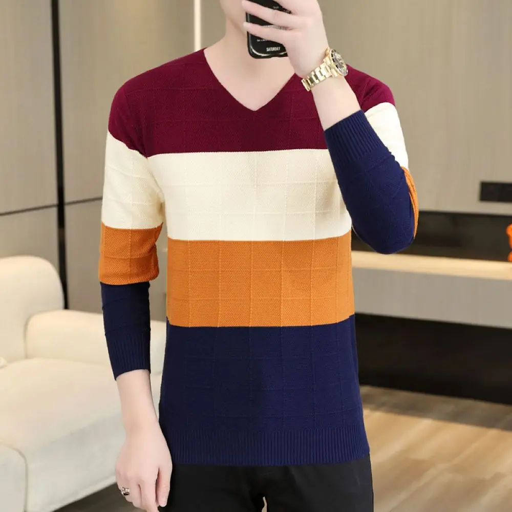 

COODRONY Fashion Tri Color Contrast Warm Sweater Korean Version Slim Fit Long Sleeve T-shirt High Quality Comfortable Top W5648