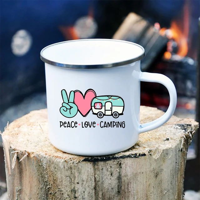 Peace Love Camp Print Coffee Mug Outdoor Travel Enamel Mugs Camping Picnic  Campfire Party Drink Beer