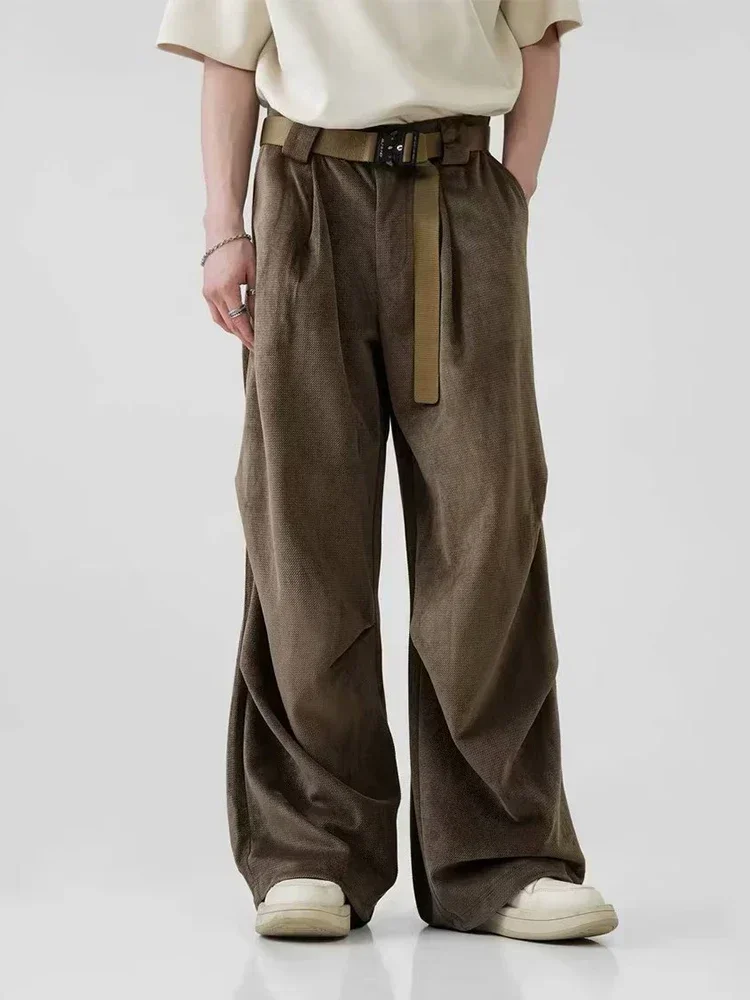 Wide Leg Pants Men Pleated Brushed Hip Hop Korean Wide Leg Trousers High Waist Oversize Casual Streetwear Vintage Autumn