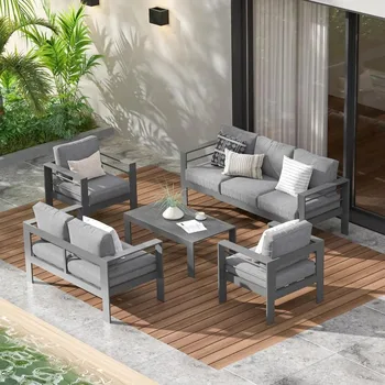 Aluminum Outdoor Patio Furniture Set Modern Patio Conversation Sets Outdoor Sectional Metal Sofa with 5 Inch Cushion and Table 1