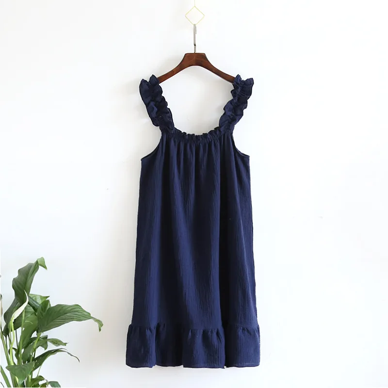 2024 Summer New Style Nightdress Ladies 100% Cotton Crepe Thin Vest Suspender Skirt Loose Long Skirt Sweet And Cute Home Skirt