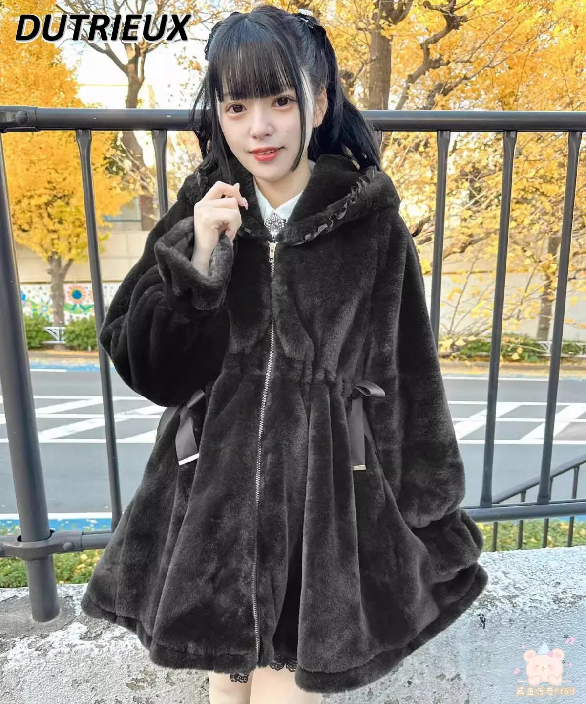 

Rojita Japanese Style New Winter Coat Furry Rabbit Ears Mine Series Mass-Produced Long Sleeve Slimming Mid-length Jacket