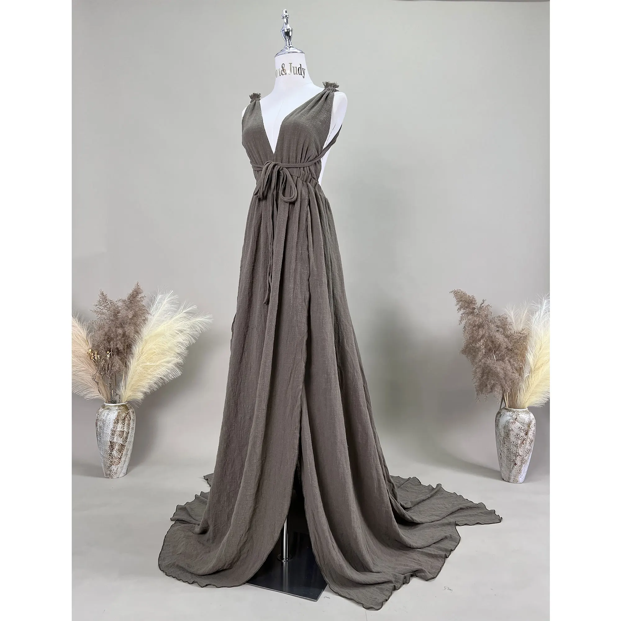 

Don&Judy Vintage Cotton Wedding Maternity Dress Bride V-neck Civil Party Beach Gown Backless Pregnancy Women Photoshoot Dresses