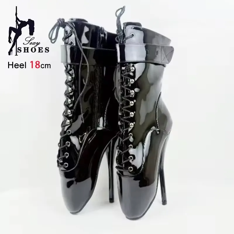 18CM Thin Heel Ballet Boots Red Pointy Toe Short Boots Extreme high heel Women Fetish Sexy Ankle Wrap Strap Nightclub Club Shoes